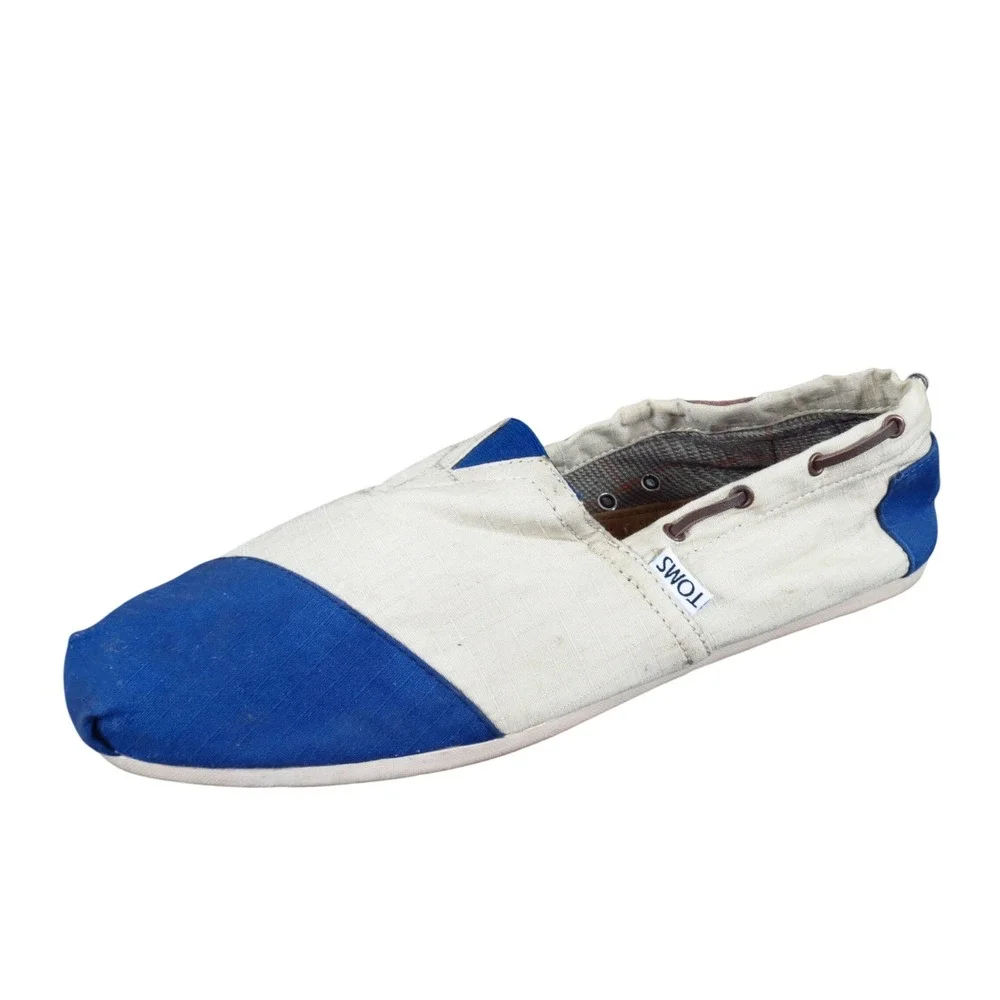TOMS Alton Mens Boat Shoe Alpargata Size 10.5 Casual Slip On Cream Blue Canvas